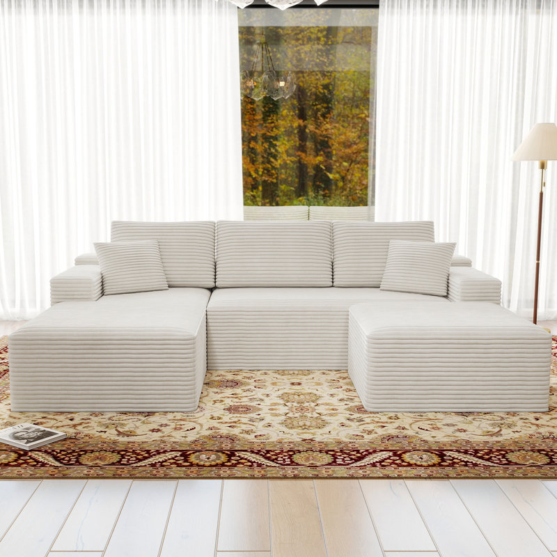 Koli Boneless U-shaped Cloud Sectional Sofa Couch, Compression Modular Sofa, Corduroy, Left Hand Facing, White Velvet