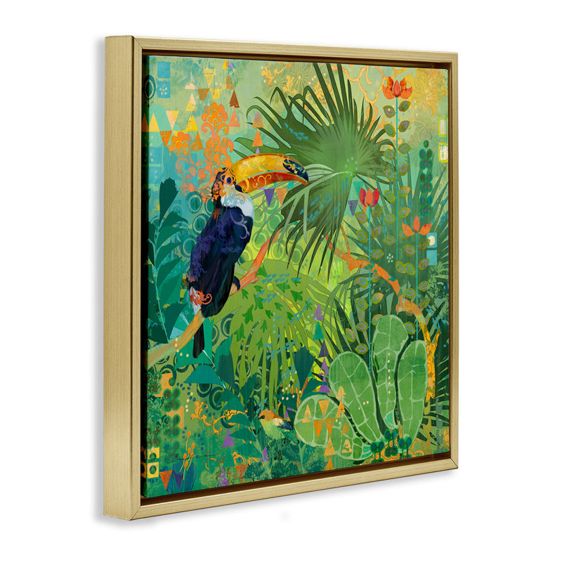 Toucan, forêt tropicale naturelle, H 18 po x l 18 po, Cadre flottant métallique doré