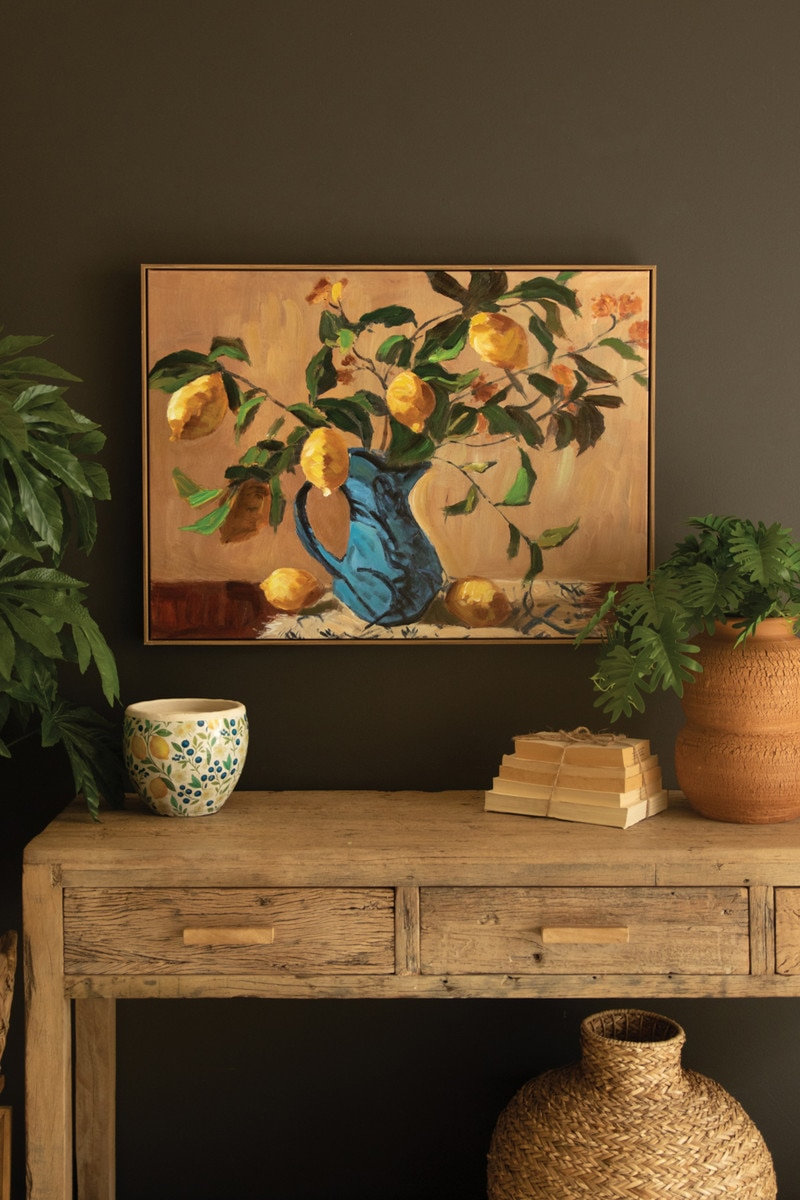 Lemon Branch in Blue Vase Framed Print