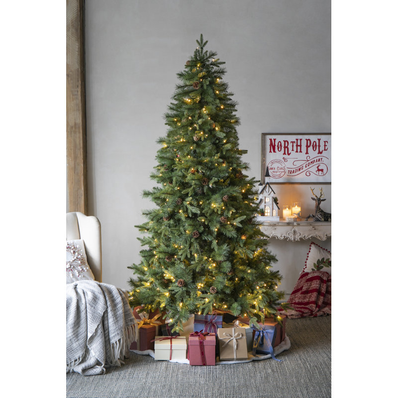 7-Foot White Pre-Lit Pine Christmas Tree with Faux Pinecones