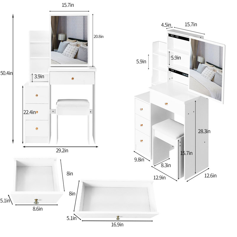 Left Bedside Cabinet Vanity Table For Small Spaces, With Padded Chair & Extra Large Sliding Mirror, Multi-Layered Storage, Stylish White Dresser Sized Cushioned Stool, Multi-Layer High Capacity