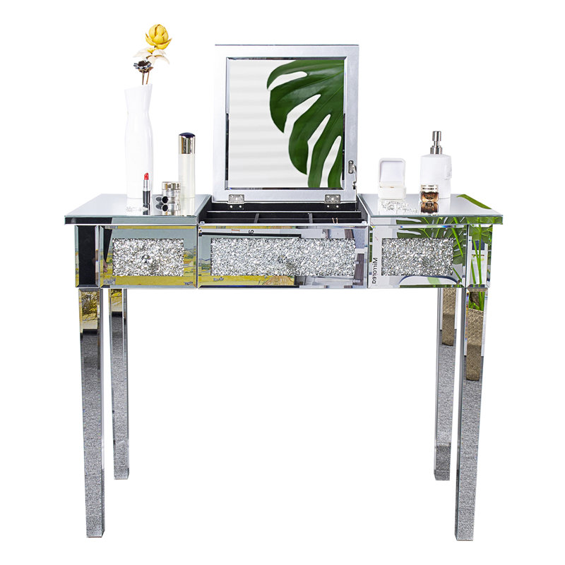 Bureau d'ordinateur en miroir et verre avec tiroirs de rangement