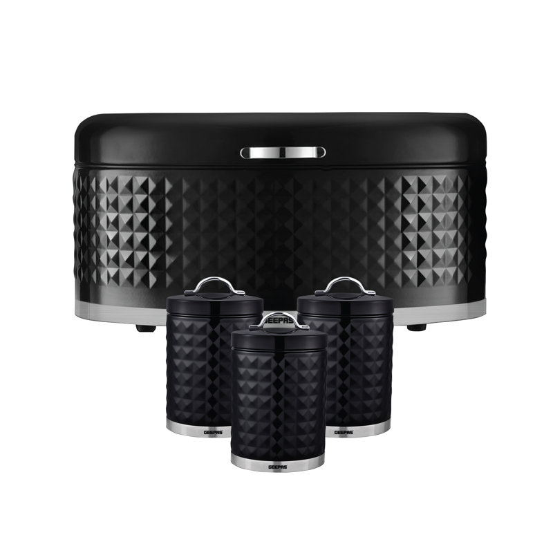 GEEPAS Argyle Tea Coffee Sugar Canister & Bread Bin Set | 13L Bread Box 1.4L Airtight Canister Set | Carbon Steel Build Kitchen Counter Storage Space Saver | 2 Year Warranty