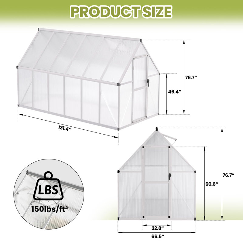 Serre en polycarbonate de 6 pi x 11 pi avec cadre en aluminium robuste avec porte verrouillable, évent de toit réglable et protection contre les rayons UV, pour le jardin ou le patio - Argent