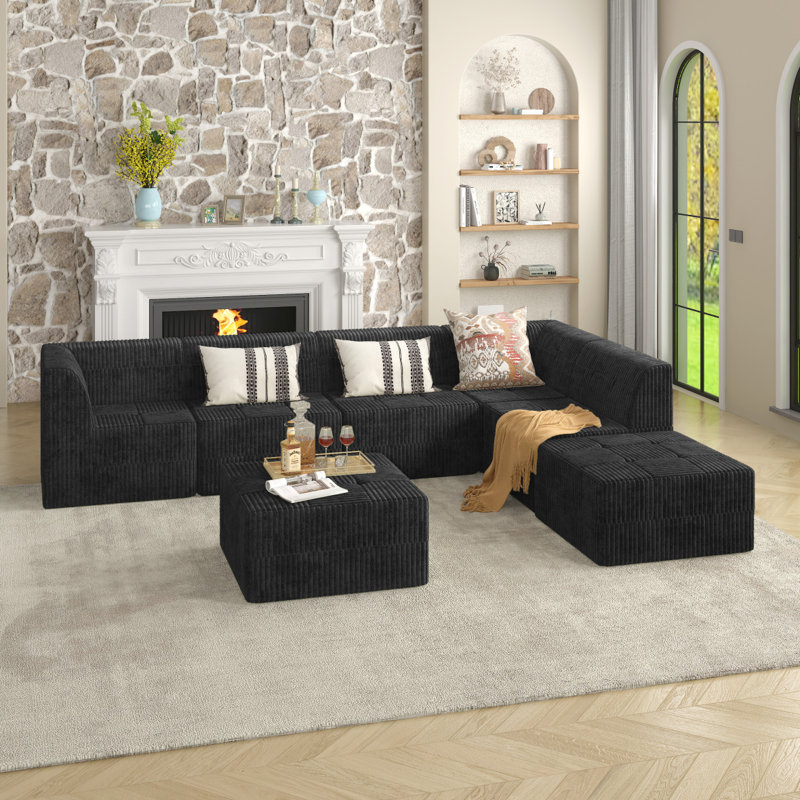 Canapé L, Tissu noir, H 29,97 po x l 130,37 po x P 97,3 po