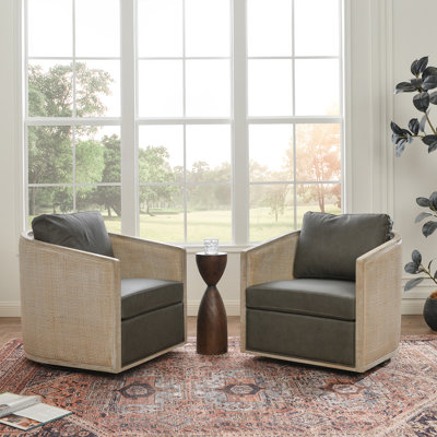 2 Pieces Genuine Leather Oak Wood Cane Swivel Barrel Chair