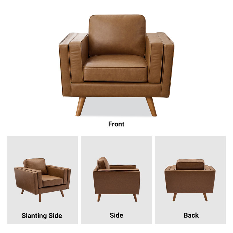 39.3'' Wide Upholstered Accent Chair With Solid Wood Legs, Brown Faux Leather