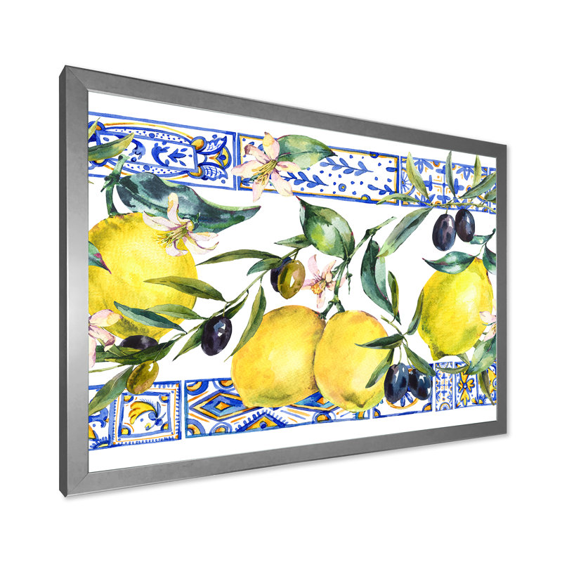 Ornement de citron sur motif géométrique bleu II - reproduction de photo sur toile, H 30 po x l 40 po x 1,5 po