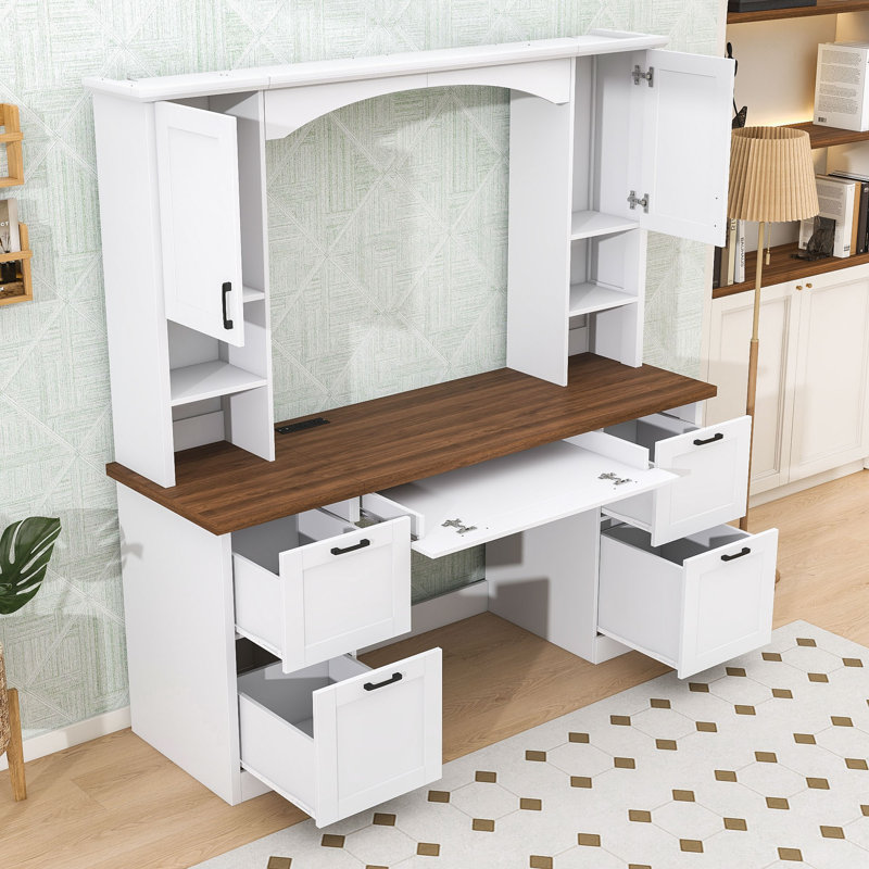 Bureau d'étude Mid-Century avec huche, poste de travail avec station de charge intégrée, tiroir classeur et plateau à clavier