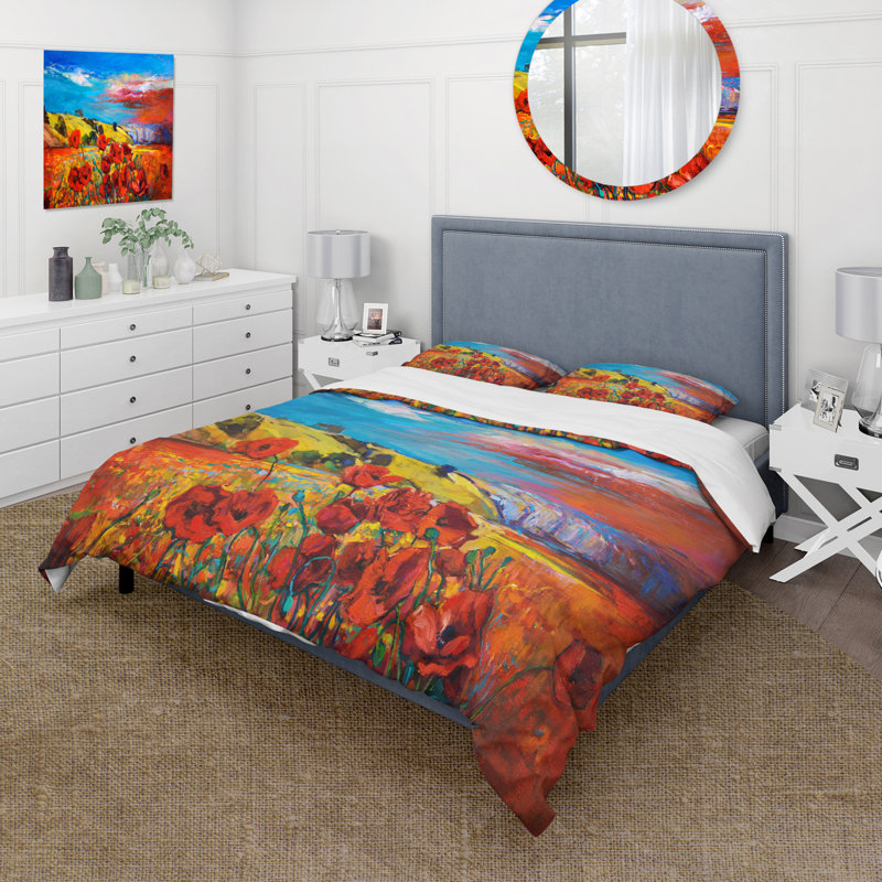 Champ de coquelicots Blossom Red sous un ciel bleu - Ensemble de housse de couette traditionnel - Microfibre de polyester