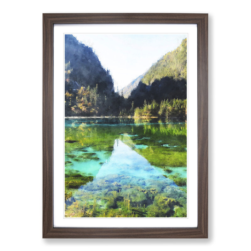 Lake and Mountain View - Picture Frame Graphic Art, Walnut Framed, 36cm H x 27cm W x 2cm D