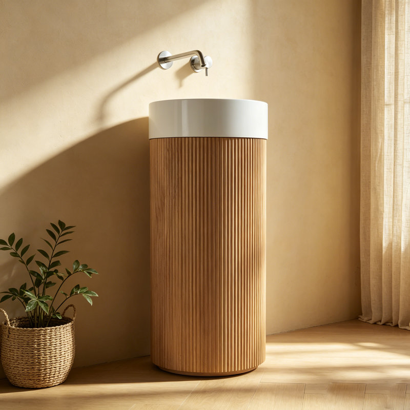 Lavabo de salle de bain autoportant cannelé moderne 16 "avec lavabo à surface solide 16", Naturel, Blanc / Blanc