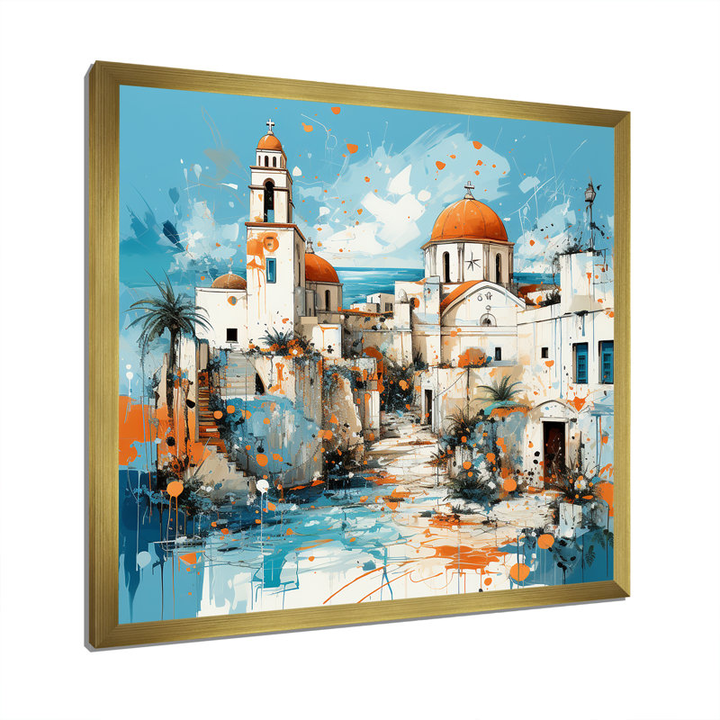Impression sur une île grecque de Santorin 3 - Santorini, Cadre doré simple, H 16 po x l 16 po x P 1 po