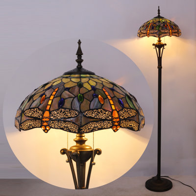 Lampe sur pied Tiffany libellule debout en verre coloré jaune brun 16 po x 16 po x 70 po Pole Antique