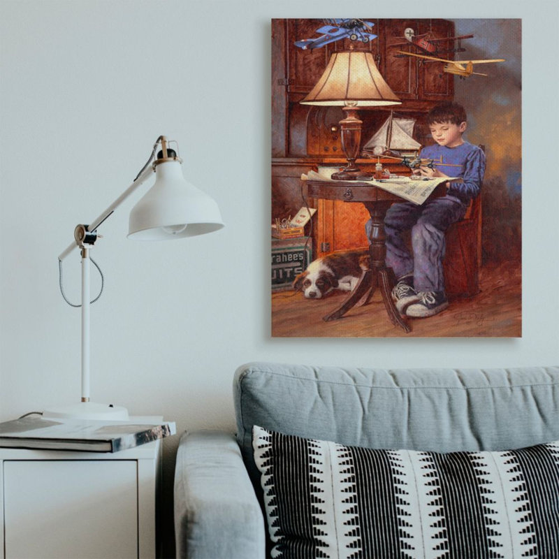 Impression d’art graphique garçon avec avion chien chien bleu par Jim Daly, Wrapped Canvas, H 48 po x l 36 po