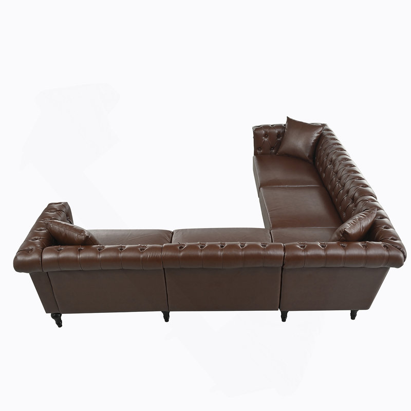 Canapé modulaire réversible en L Chesterfield avec accoudoirs roulés, têtes de clou et capitonnage, Marron foncé