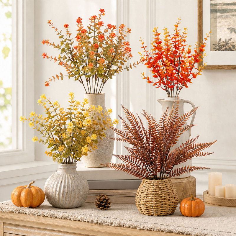 Décoration d'automne - Ensemble de 24 tiges de plantes artificielles d'automne - Branches de feuillage orange, jaune et marron - Décoration florale pour la table, le porche ou la maison, idéale pour Thanksgiving.