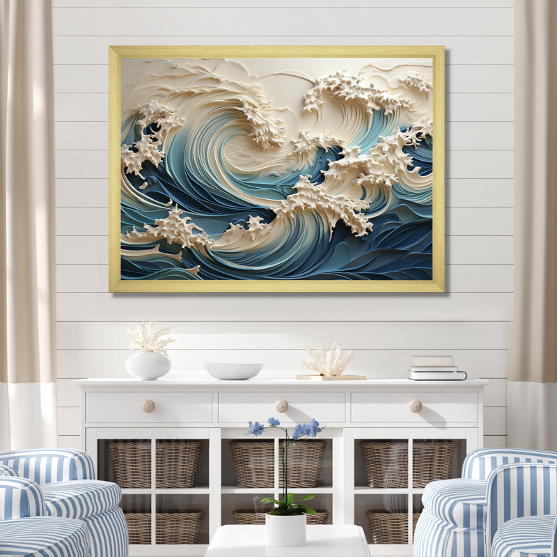 «White and Blue Wave Papercut Style III - Coastal Waves», reproduction d'art sur toile Wave (sans textures), Cadre doré