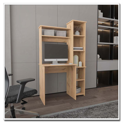 Bureau d'écriture en chêne clair à 6 tablettes avec bibliothèque intégrée