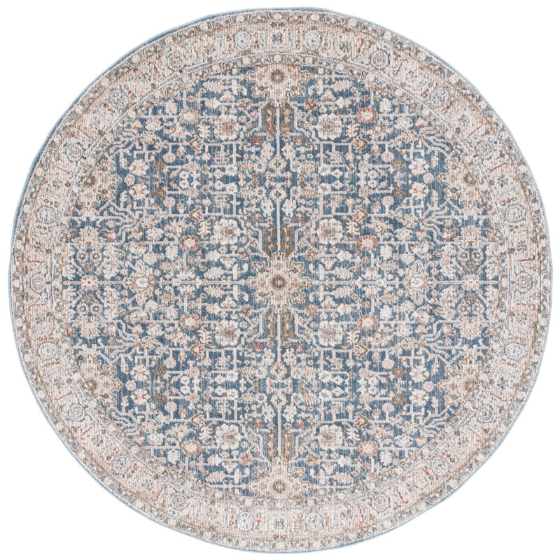 Tapis oriental en coton / polyester tissé à la machine en bleu clair Oriental, Rond 6 pi 7 po