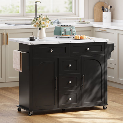 Rolling Wood Kitchen Island With Faux Marble, Storage Cart With Drop Leaf & Power Outlet For Kitchen, Dining Room