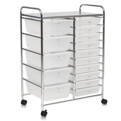  15-Drawer Rolling Storage Cart Organizer with Locking Wheels, Silver Steel Frame, Clear Plastic Drawers for Home, Office, Garage & Classroom, White