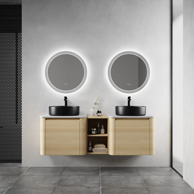 Meuble-lavabo mural 60 po avec lavabo d'art en céramique et 1 tablette de rangement, porte à fermeture en douceur, emballage KD, contreplaqué