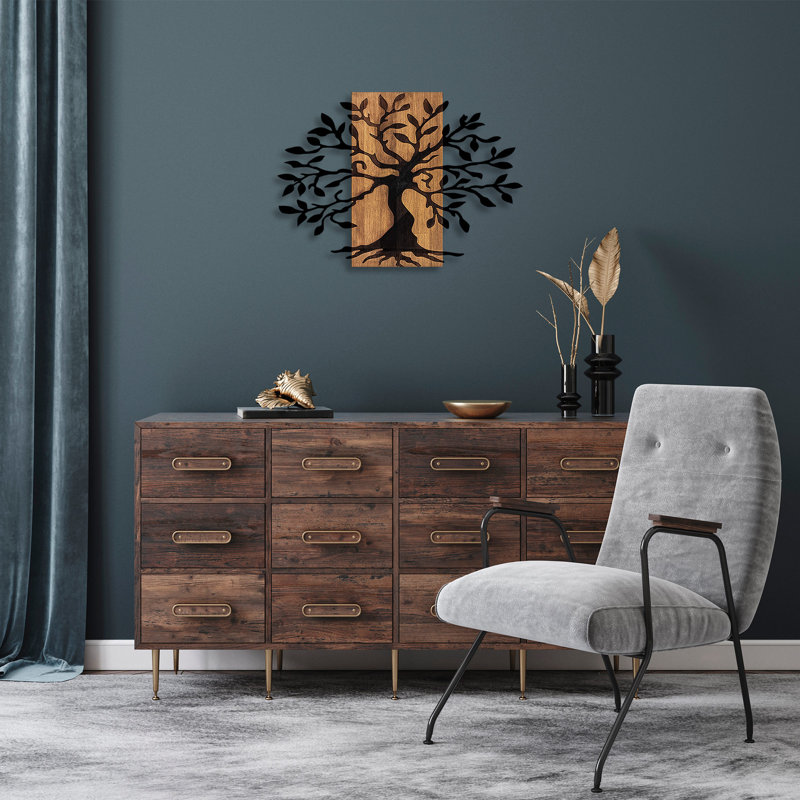 Élégant accessoire mural décoratif en bois, noyer et noir, 22,8 po x 31,5 po | 50% bois véritable (épaisseur: 1,2 po) et métal (épaisseur: 0,06 po) | Variations de couleurs uniques, parfaites pour la décoration intérieure et les murs décoratifs
