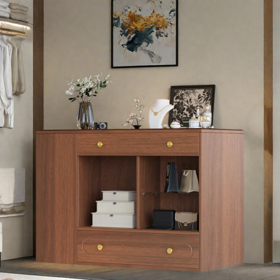 Bedroom Closet Island With 6 Drawers, Glass Display Top And Open Shelves