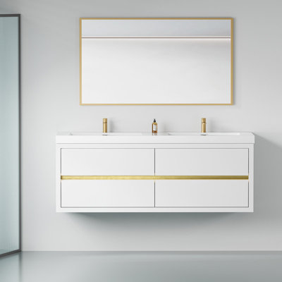 Meuble-lavabo mural de 60 pouces avec comptoir en pierre reconstituée et 2 lavabos, armoire blanche brillante, 4 tiroirs