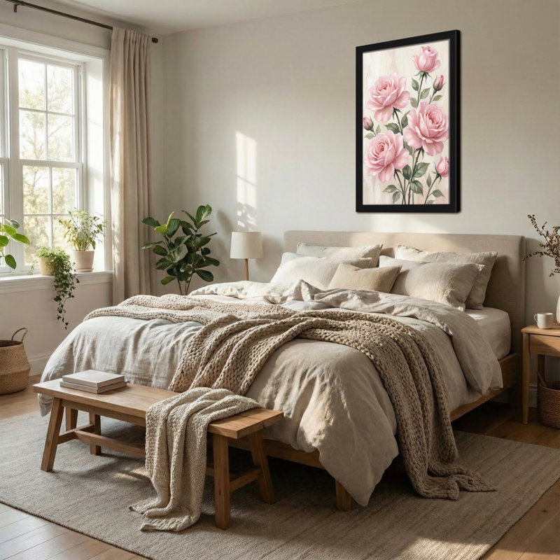 Plantes et fleurs roses roses avec feuilles vertes sur toile, H 24 po x l 16 po