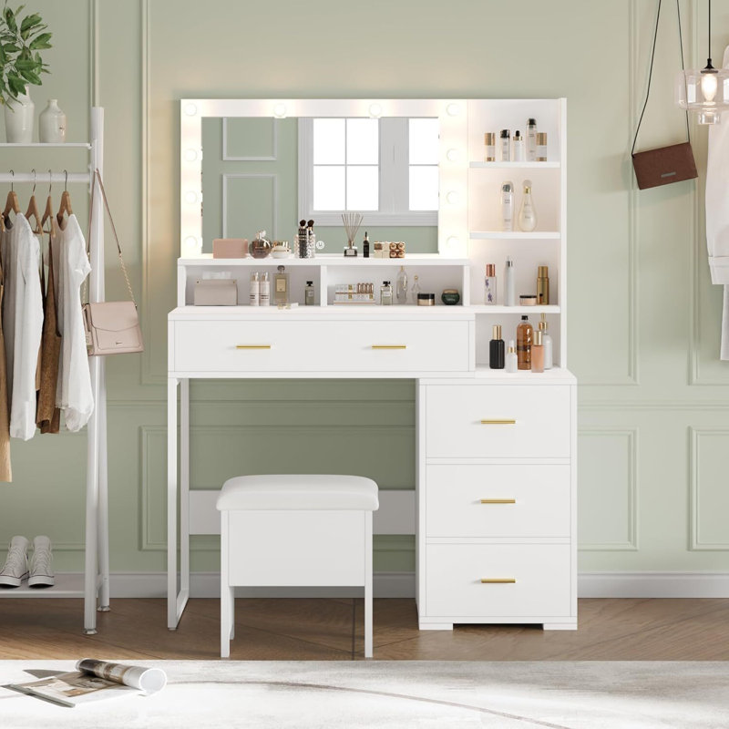 Meuble-lavabo blanc avec miroir et lumières DEL, coiffeuse