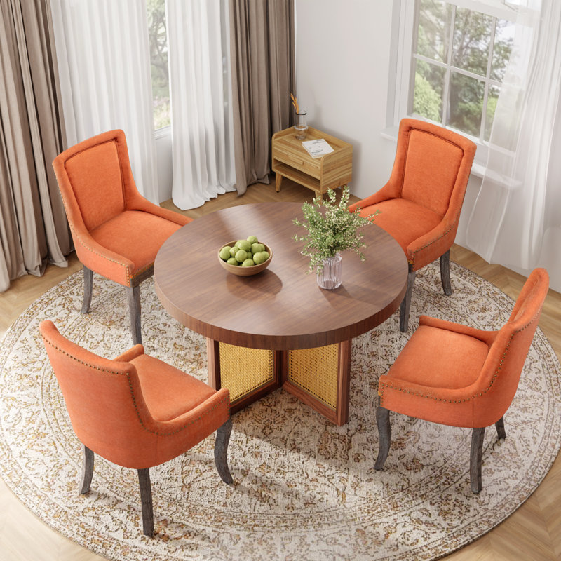 Solid Wood Fabric Upholstered Dining Chairs Kitchen Chairs, Orange, 4