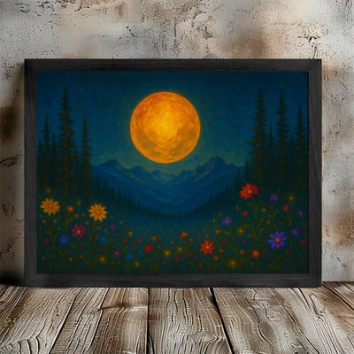 Moonlit Pine Forest Black Framed Full Moon Wildflower Field Painting,Nature Landscape Wall Art Moody Mystical Style Framed Prints