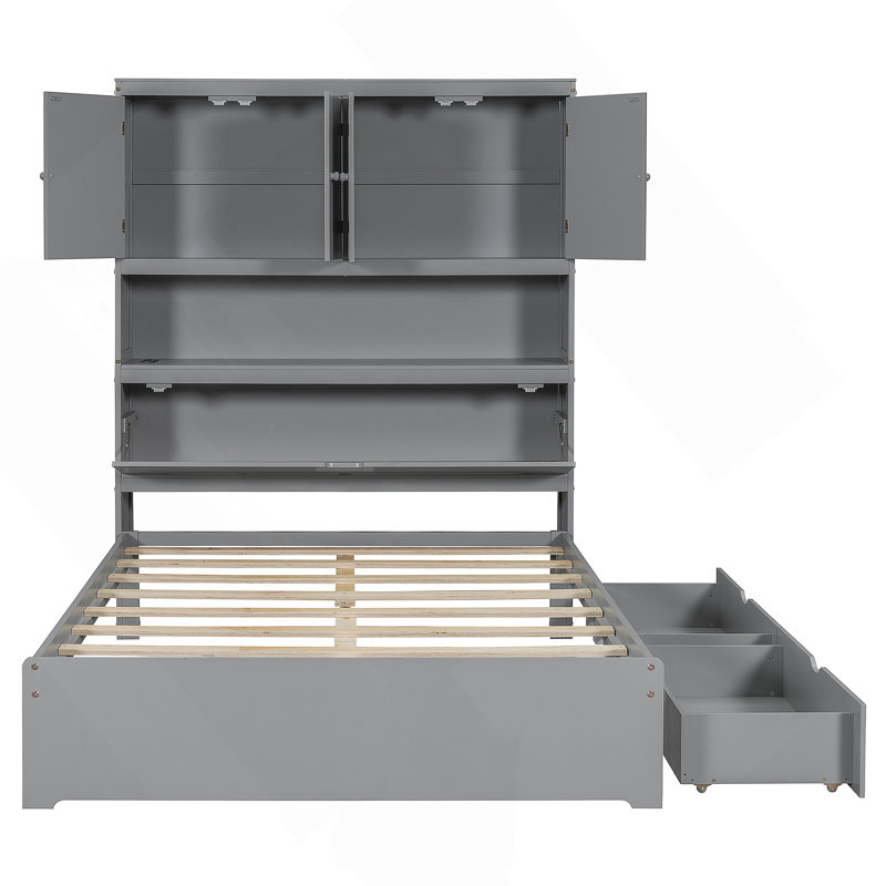 Lit plateforme double en bois avec USB, tête de lit et tiroirs de rangement, crème, Gris