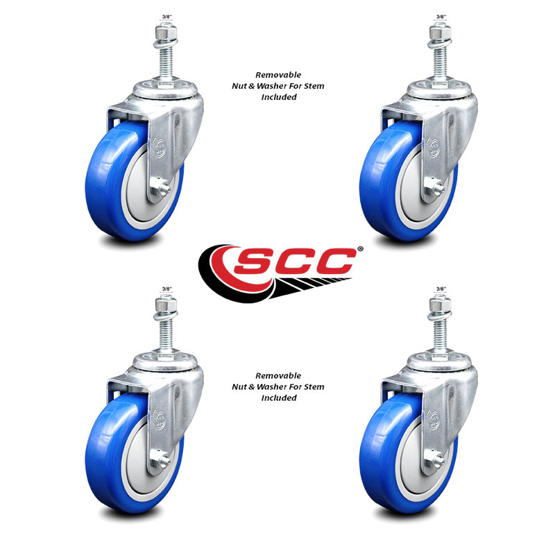 4 Inch_Polyurethane Wheel Swivel 3/8 Inch Threaded Stem Caster Set SCC, Gray