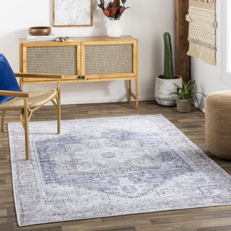 Tapis bleu / brun moyen encre lavable à la machine Heyward, Rectangle 7 pi 10 po x 10 pi 2 po