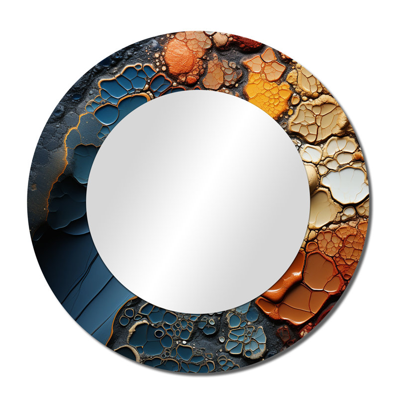 Mouvement fluide bleu et orange - miroir mural formes abstraites, miroir décoratif rond bleu, impression d'art en métal