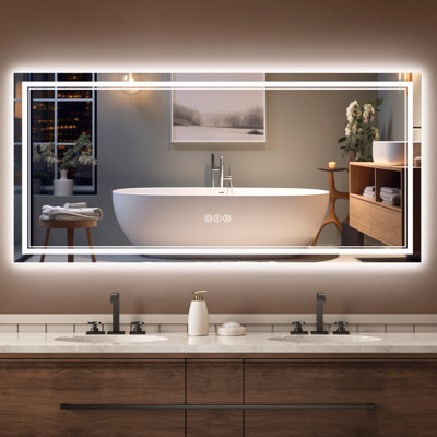 LED Lighted Bathroom Mirror: Front and Backlit, Tempered Glass, 3 Colors, Dimmable, CRI 90+, Defog