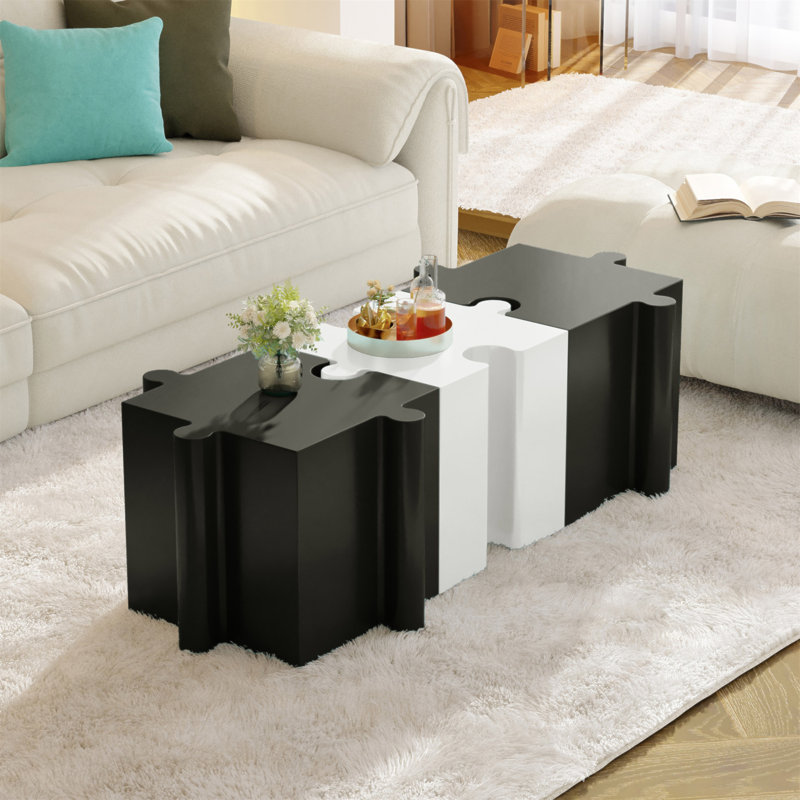 Ensemble de 3 tables de casse-tête artistiques, tables d'appoint modulaires MGO avec emboîtement (2 convexes et 1 concave), capacité de 200 lb pour l'intérieur et l'extérieur, couleur noir et blanc