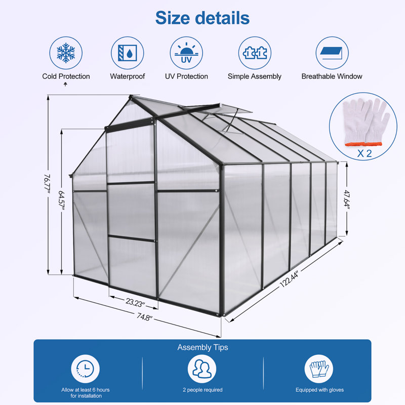 Base surélevée en polycarbonate pour serre, Noir, noir, noir, noir, H 75,6 po x l 74,4 po x P 122,44 po