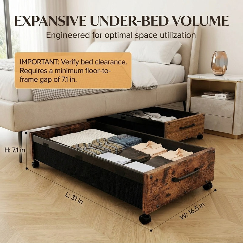 Under Bed Storage with Wheels, Rolling Drawer with Removable Clear Lid, Metal Bin for Shoes Clothes Blankets, 2 Pack