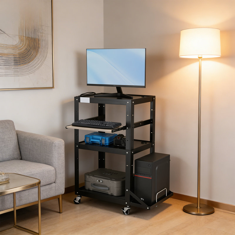 Rolling Computer Cart With Power Strip, 3-Tier Utility AV Cart With Wheels, Keyboard Tray, CPU Stand, 42" H x 24" W x 18" D
