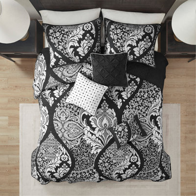 Ensemble de courtepointe complète en coton à imprimé damassé complexe avec coussins décoratifs, réversible et certifié OEKO-TEX