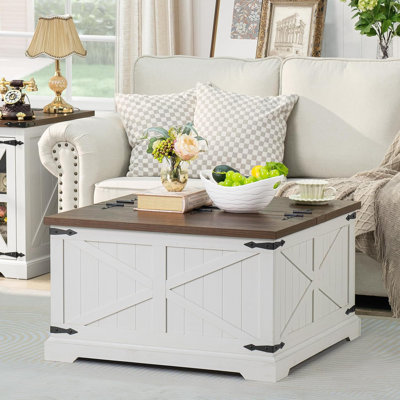 Table basse avec grand rangement caché, table de centre rustique blanc antique avec plateau relevable à charnière et base en bois