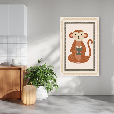 Booklove Peaceful Whimsical Contemporary Monkey Wall Art Print 1 Piece Wrapped Canvas Wall Art
