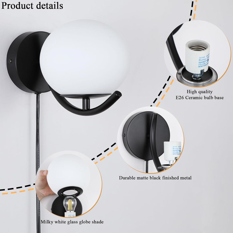 Dimmable Plug-In Wall Sconces Set Of 2 With Glass Shade, Mid-Century Modern Wall Lighting For Living Room, Bathroom, Kitchen, And Hallway