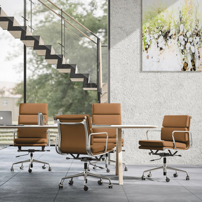 Chaise de bureau ergonomique en cuir véritable, chaise de conférence pivotante de style milieu du siècle avec soutien lombaire