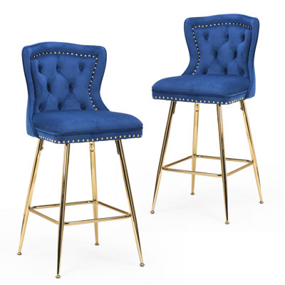 Bar Stools Set Of 2, Velvet Counter Height Bar Stools With Metal Legs, Button Tufted And Nailheads Trim, Wing-Back Bar Chairs For Kitchen Island Dining Room Pub