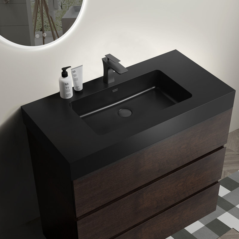 Armoire de salle de bain 36 po en noyer - Lavabo inclus, meuble-lavabo élégant en noyer, glissières silencieuses, Noyer, Noir
